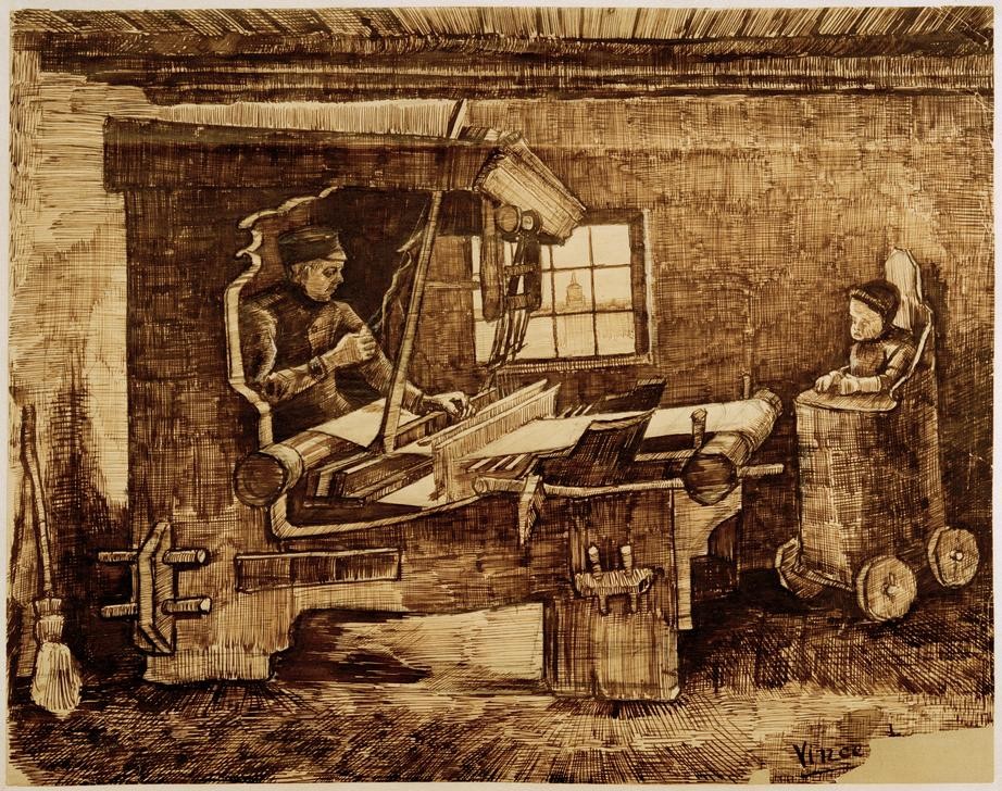 Vincent van Gogh, Weber mit einem Kleinkind in einem Hochsessel (Handwerk Und Gewerbe,Kind,Kunst,Weber (Handwerk),Werkstatt (Allgemein),Impressionismus,Kleinkind,Technik,Kinderstuhl,Besen,Webstuhl,Niederländische Kunst,Kinderleben,Kinderbetreuung,Handwerker,Handwerk,Alltag,Gewerbe,Weben)
