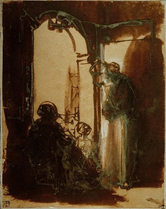 Rembrandt Harmenszoon van Rijn, Drei Frauen an der Tür (Frau,Kunst,Mensch,Freizeit,Tür,Volkskunde,Wohnung,Barock,Langeweile,Helldunkel,Niederländische Kunst,Holländische Kunst,Frauenleben,Licht Und Schatten,Land Und Leute,Ausblick)