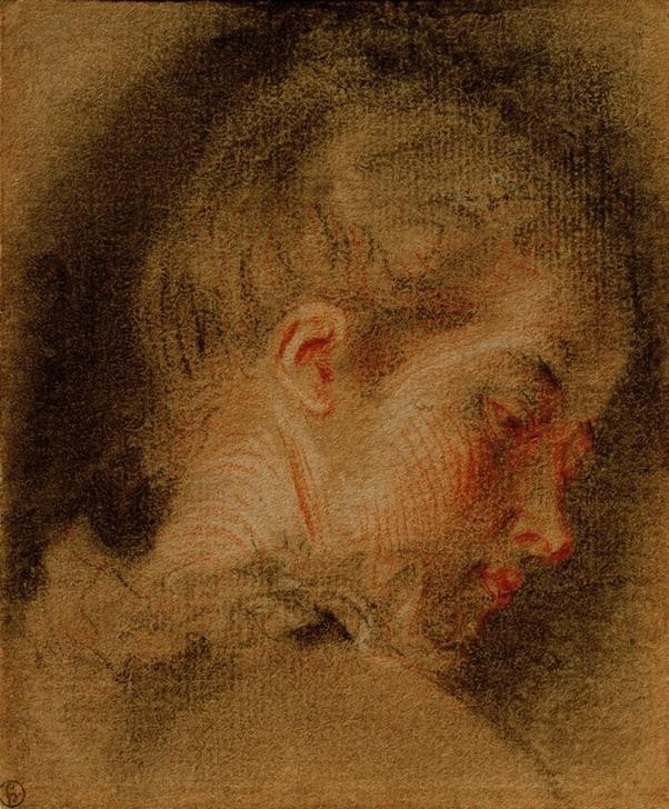 Jean-Antoine Watteau, Kopf einer jungen Frau, nach rechts geneigt (Frau,Jugend (Lebensalter),Kunst,Mensch,Rokoko,Portrait,Französische Kunst,Haarknoten,Kopf,Junge Frau,Dreiviertelprofil,Frisur)