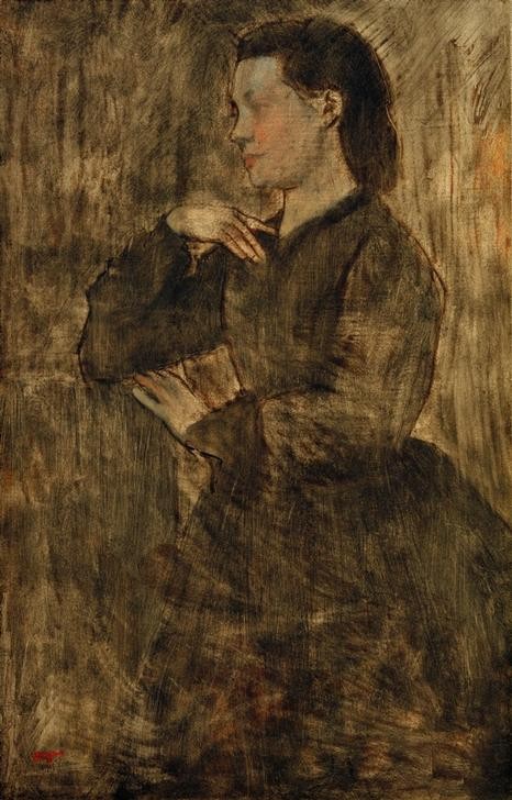 Edgar Degas, Frauenporträt (Frau,Kunst,Mensch,Impressionismus,Portrait,Gestik,Französische Kunst,Profil,Junge Frau,Braun,Kniestück,Farbe)
