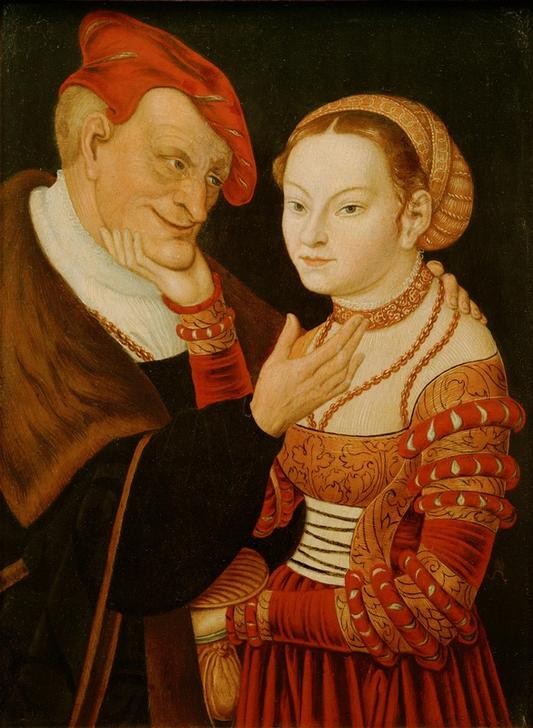 Lucas Cranach der Ältere, Der verliebte Alte (Damenmode,Deutsche Kunst,Frau,Geld,Herrenmode,Jugend (Lebensalter),Kette (Schmuck),Kopfbedeckung,Kunst,Lebensalter,Liebe,Liebe Und Ehe,Liebespaar,Mann,Mensch,Mode,Prostitution,Schmuck,Ungleiches Paar,Alter,Renaissance,Libido,Halskette,Johannistrieb,Haube,)