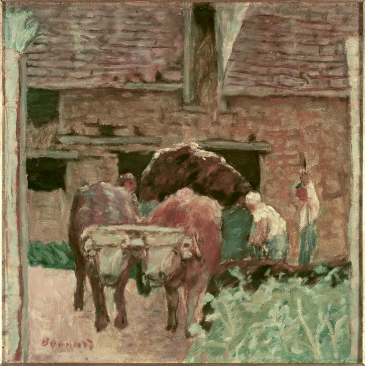 Pierre Bonnard, Les deux boeufs et la ferme (Bauernhof,Kunst,Rind,Zoologie,Joch,Französische Kunst,Zugtier,Nabis,Ochsengespann,Ochse,Landwirtschaft)
