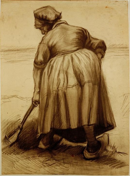 Vincent van Gogh, Bäuerin beim Graben (Ackerbau,Arbeit,Kunst,Volkskunde,Impressionismus,Bäuerin,Haube,Rückenfigur,Niederländische Kunst,Landleben,Frauenleben,Holzschuhe,Landbevölkerung,Feldarbeit,Umgraben,Landwirtschaft)