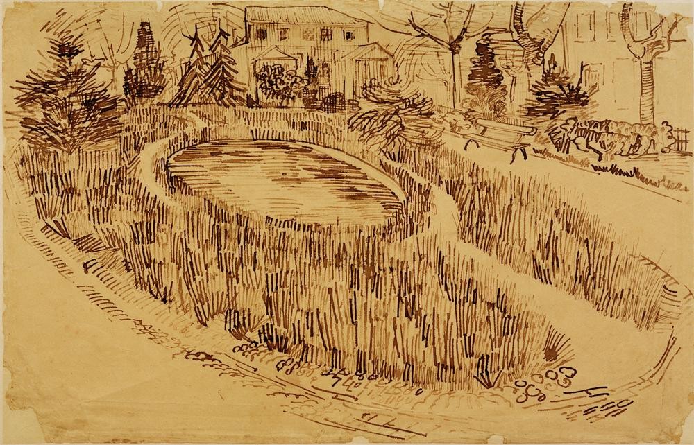 Vincent van Gogh, Park mit Teich vor dem Gelben Haus (Wohnhaus, Teich, Tümpel, Garten, Hausgarten, Studie,   Klassische Moderne, Impressionismus, Wohnzimmer, Treppenhaus, Wunschgröße,)