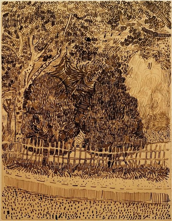 Vincent van Gogh, Park mit Zaun (Garten, Park, Zaun, Einzäunung, Bäume, Studie, Klassische Moderne, Impressionismus, Wohnzimmer, Treppenhaus, Wunschgröße,)