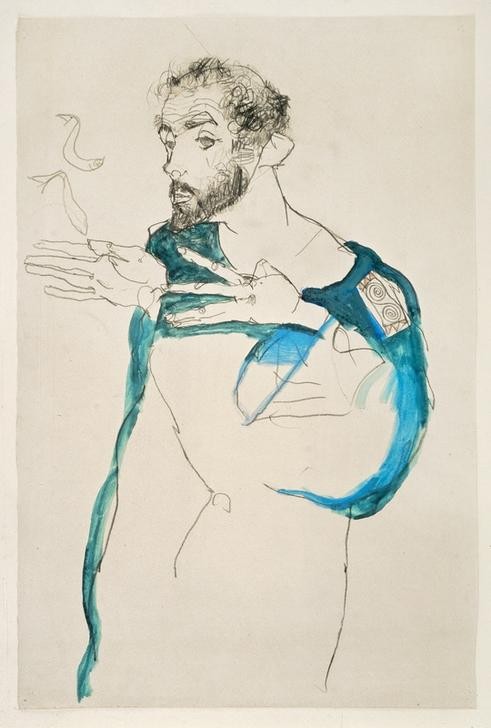Egon Schiele, Gustav Klimt in his blue work smock  (Persönlichkeiten, Künstler, Portrait,Zeichnung, Klassische Moderne, Expressionismus, Wunschgröße, Treppenhaus, Wohnzimmer)