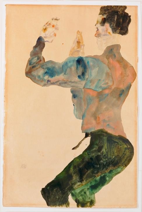Egon Schiele, Selbstbildnis mit erhobenen Armen, Rueckenansicht (Jugendstil,Portrait)