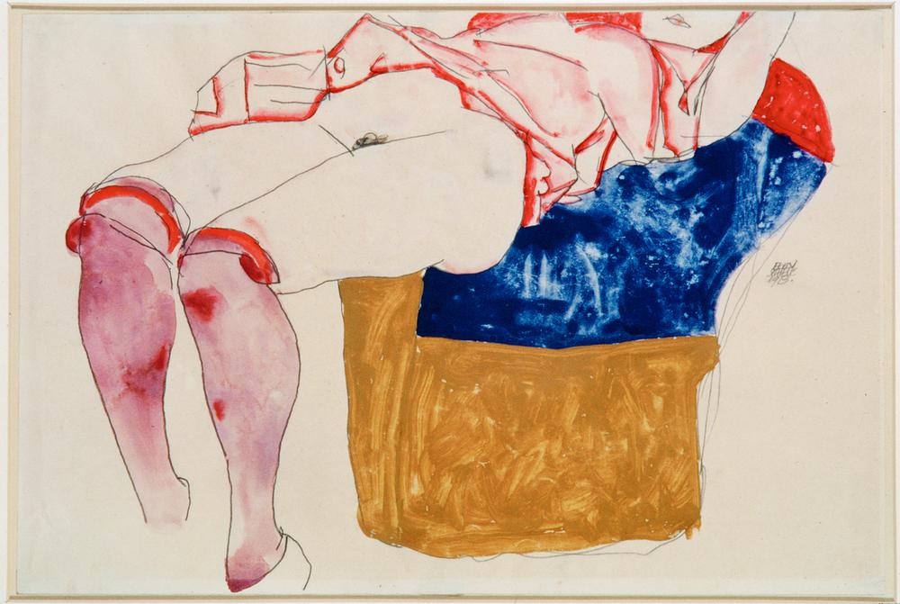Egon Schiele, Liegendes Mädchen mit violetten Struempfen (Jugendstil,Portrait)