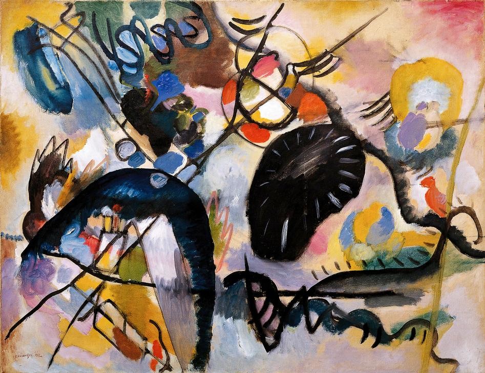 Wassily Kandinsky, Black Patch (Wunschgröße, Klassische Moderne, Malerei, abstrakte Kunst,  abstrakte Formen, abstrakte Muster, Linien,  Bögen, Wohnzimmer, Büro, Arztpraxis, Wunschgröße,  bunt)