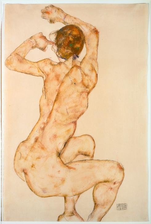 Egon Schiele, Akt mit erhobenen Armen (Akt, Rückenakt, muskulös, Klassische Moderne, Expressionismus, Wohnzimmer, Wunschgröße,)