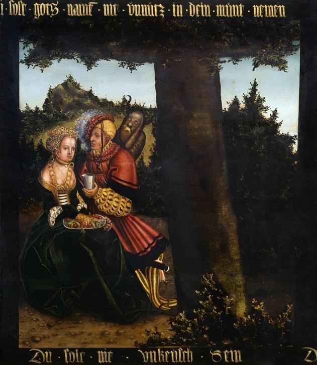 Lucas Cranach der Ältere, Das 6. Gebot: Du sollst nicht ehebrechen (Damenmode,Deutsche Kunst,Essen Und Trinken,Herrenmode,Kunst,Liebe Und Ehe,Liebespaar,Mensch,Mode,Schmuck,Renaissance,Altes Testament,Bibel,Halskette,Teufel,Ehebruch,Zehn Gebote,Sünde,Haarnetz,Kleid,Heimlichkeit,Wollust,Liebe Im Freien,Unkeuschheit,Strumpf)