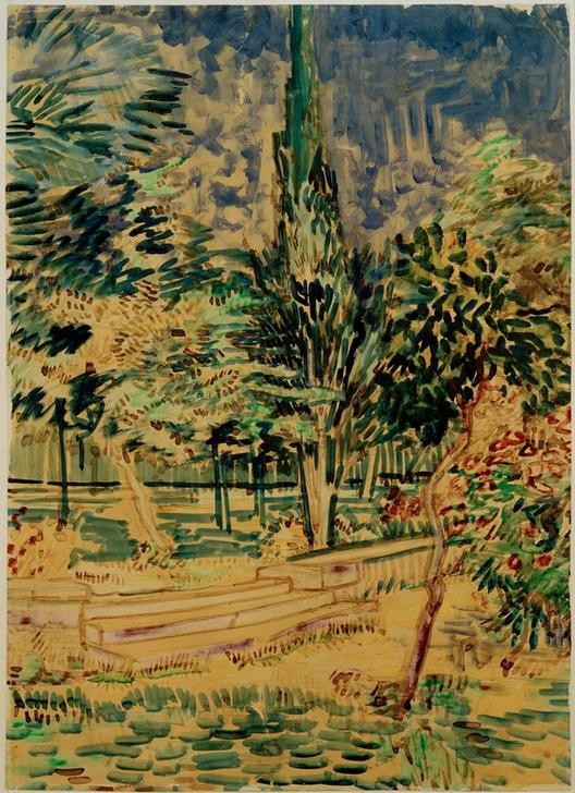 Vincent van Gogh, Stufen im Garten der Heilanstalt (Garten und Park, Krankenhaus, Hausgarten, Hospital, Bäume, Stufen, Klassische Moderne, Impressionismus, Wohnzimmer, Treppenhaus, Wunschgröße, bunt)