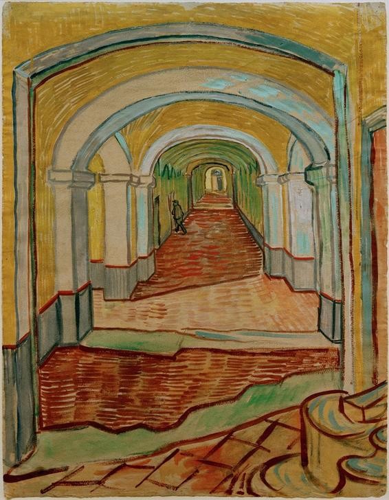 Vincent van Gogh, Korridor in der Heilanstalt (Flur, Gebäude, Gang, Hospital, Innenarchitektur, Heilanstalt,  Klassische Moderne, Impressionismus, Wohnzimmer, Treppenhaus, Wunschgröße, bunt)