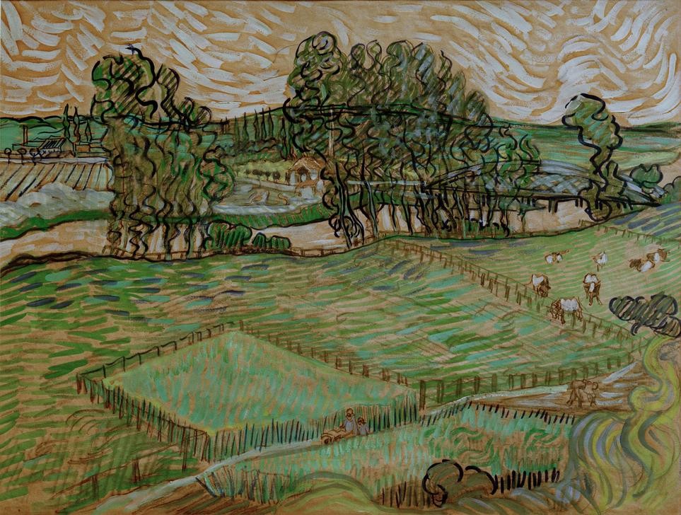 Vincent van Gogh, Landschaft mit Brücke über die Oise (Brücke, Fluss, Landschaft, Felder, mediterran, Klassische Moderne, Impressionismus, Wohnzimmer, Treppenhaus, Wunschgröße, bunt)