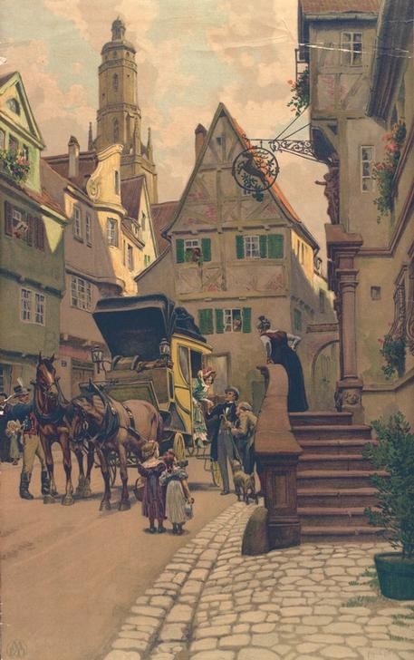 Paul Hey, Die Ankunft der Postkutsche (DEUTSCHE KUNST, KUTSCHE, PFERD (TIER), PFERDEWAGEN, POST, POSTKUTSCHE, STRASSENSZENE, SZENE, VERKEHR, KLEINSTADT)