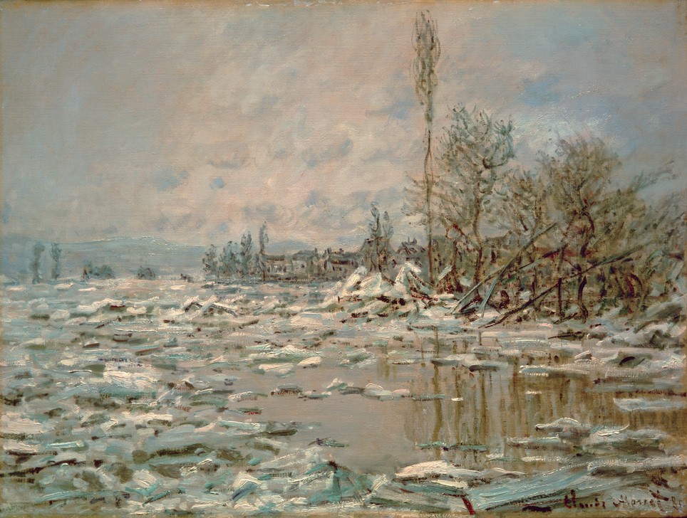 Claude Monet, Le Débâcle, temps gris (Eis, Kälte, Jahreszeiten, Landschaft, Fluss, Winter, Ufer, Eisschollen, Französische Kunst, Impressionismus, Wunschgröße, Wohnzimmer, Klassiker, Malerei,)