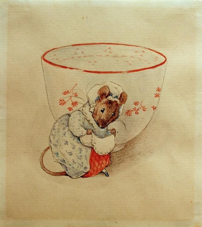 Beatrix Potter, Frau Maus macht einen Knicks vor einer Teetasse  (Mensch und Gesellschaft)