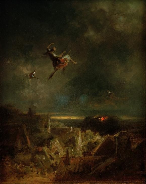 Carl Spitzweg, Hexenritt (Deutsche Kunst,Hexe,Hexenritt,Kunst,Luftfahrt,Magie,Esoterik,Aberglaube,Walpurgisnacht,Tageszeiten,Nacht,Biedermeier,Genre,Dachlandschaft,Volksglaube,Dunkelheit)