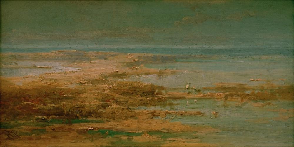 Carl Spitzweg, Nillandschaft mit Störchen (Deutsche Kunst,Geographie,Kunst,Landschaft,Storch,Vogel,Fluss,Ufer,Tier,Topographie)