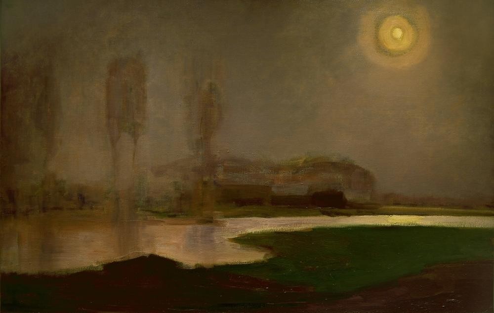 Piet Mondrian, Zomernacht (Gewässer,Jahreszeiten,Kunst,Landschaft,Sommer,Halo,Nacht,Fluss,Niederländische Kunst,Holländische Kunst,Vollmond,Mondschein)