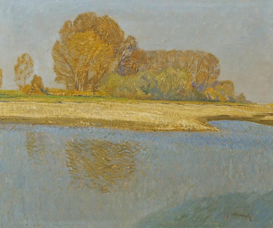 Max Clarenbach, Sonniger Tag am Niederrhein (DEUTSCHE KUNST, GEWÄSSER, HERBST, JAHRESZEITEN, LANDSCHAFT, FLUSS, BAUM, UFER, SIGNATUR)