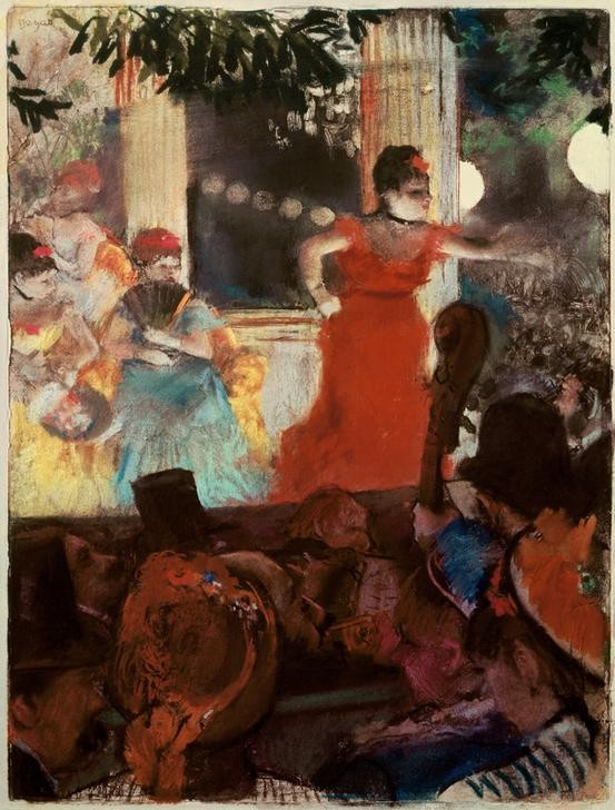 Edgar Degas, Café-concert aux ambassadeurs (Frau,Gastronomie,Gesang,Gesellschaftliches Leben,Kaffeehausmusik,Konzert,Licht Und Beleuchtung,Musik,Nachtleben,Sängerin,Variete (Entertainment),Impressionismus,Französische Kunst,Chanson,Konzertcafe,Zuschauerraum,Rot)