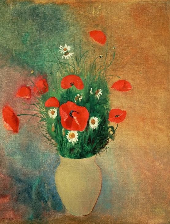 Odilon Redon, Vase mit rotem Mohn (Mohn,Symbolismus,Stillleben,Blumenstrauss,Vase,Französische Kunst,Gefäss,Feldblume,Margerite,Blume,Rot,Blumentopf)