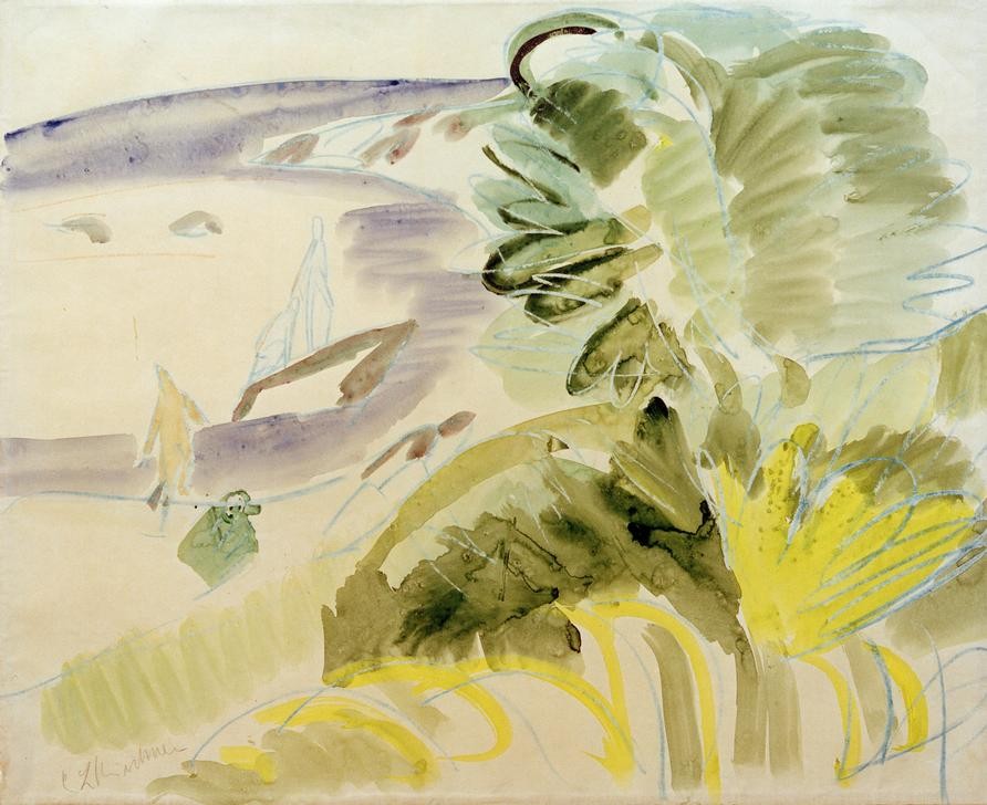 Ernst Ludwig Kirchner, Weißer Strand (Deutsche Kunst,Küste,Kunst,Landschaft,Mensch,Strand,Meer,Baum,Expressionismus,Die Brücke,Ufer,Signatur)
