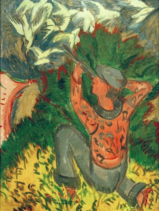 Ernst Ludwig Kirchner, Möwenjäger im Gehölz (Deutsche Kunst,Gewehr,Jäger,Jagd,Kunst,Landschaft,Mann,Mensch,Schiessen,Tierarten,Vogel,Waffe,Expressionismus,Möwe,Die Brücke,Tier,Knien,Vogeljagd,Signatur)