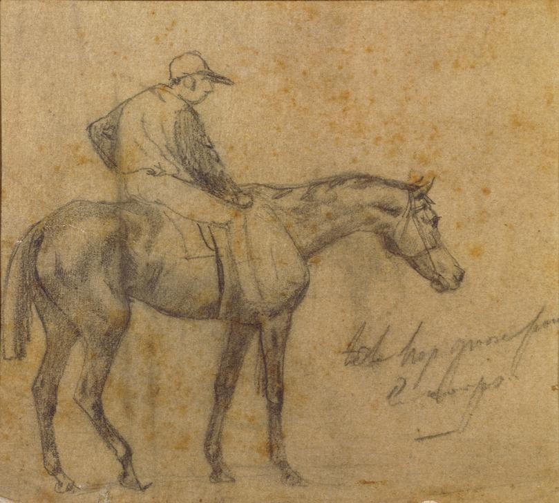 Edgar Degas, Jockey sur cheval arrête (Kunst,Pferdesport,Pferd (Tier),Sport,Impressionismus,Reiter,Jockey,Französische Kunst,Pferderennen,Reiten,Privatsammlung)