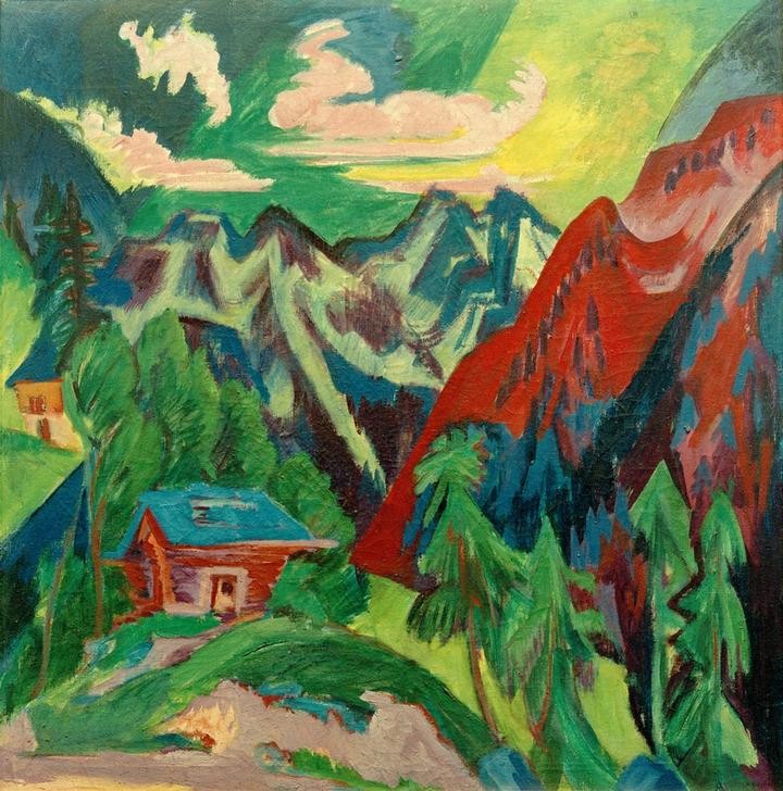 Ernst Ludwig Kirchner, Die Klosterser Berge (Deutsche Kunst,Gebirge,Haus,Kunst,Landschaft,Expressionismus,Die Brücke,Ansicht,Berghütte)