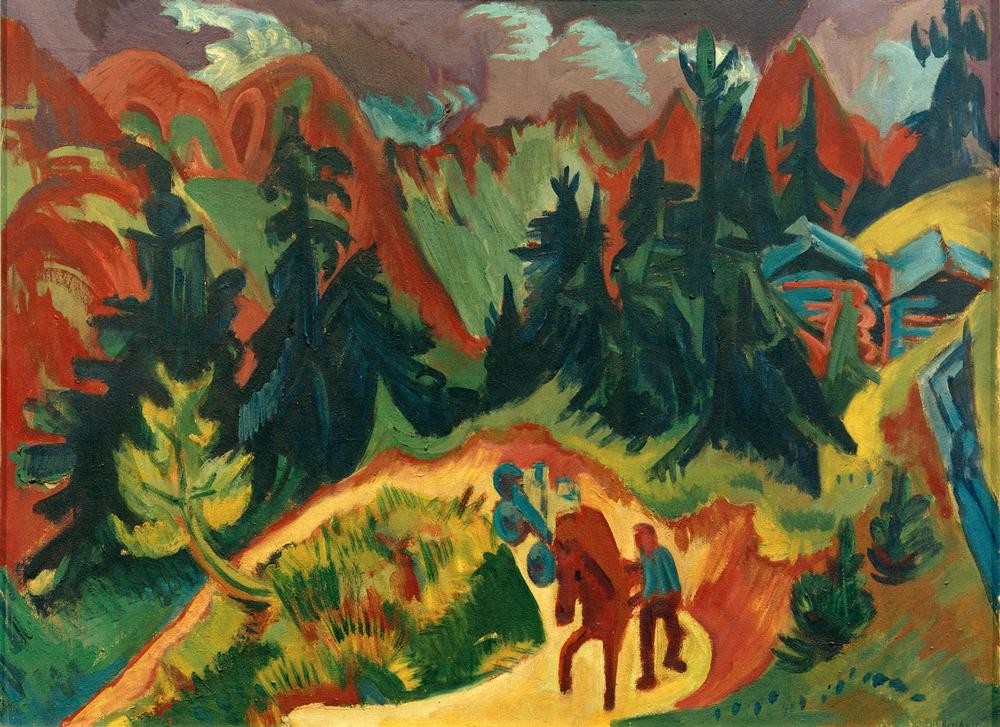 Ernst Ludwig Kirchner, Gebirgslandschaft (Deutsche Kunst,Gebirge,Kunst,Landschaft,Mann,Mensch,Pferd (Tier),Pferdewagen,Transport,Expressionismus,Die Brücke,Tier)