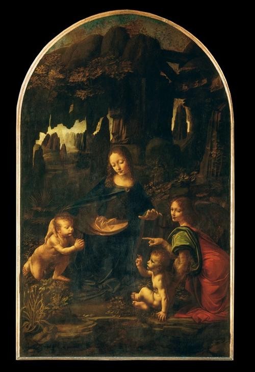Leonardo da Vinci, Felsengrottenmadonna (Christentum, Engel, Kind, Landschaft, Religion, Renaissance, Segen, Maria, Neues Testament, Bibel, Gestik, Felsengrottenmadonna, Italienische Kunst, Felsen, Jesusknabe,Wohnzimmer, wunschgröße, Klassiker)