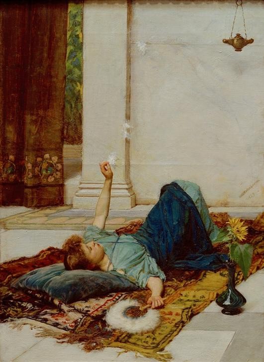 John William Waterhouse, Dolce far Niente (Fächer,Frau,Geschichte,Kunst,Mensch,Öllampe,Pause,Sonnenblume,Teppich,Präraffaeliten,Englische Kunst,Viktorianische Kunst,Alltagskultur,Ausruhen,Frauenleben,Nichtstun,Liegen,Alltag, Klassiker, Wunschgröße)