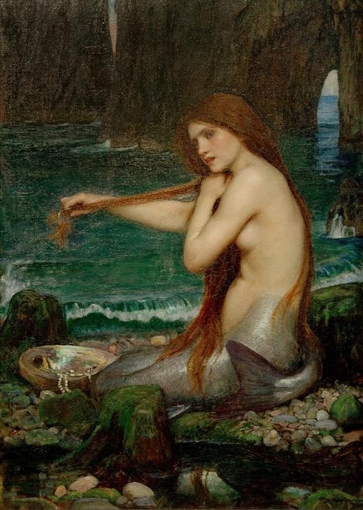 John William Waterhouse, A Mermaid (Küste, Mythologie, Meer, Perlen, Nixe, Präraffaeliten, Felsen, Meerjungfrau, Haare (Haar),Langes Haar,Volksglaube, Haarekämmen, Klassiker, Wunschgröße)