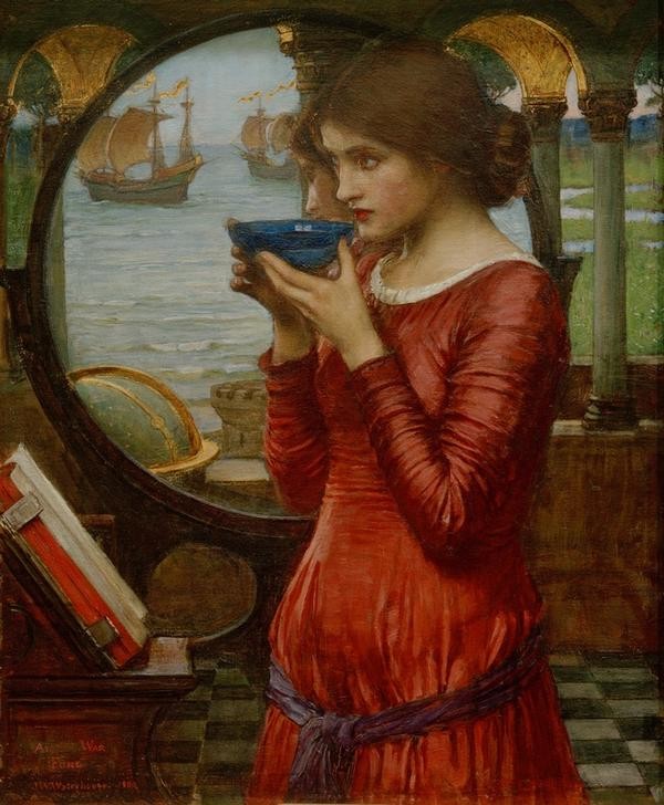John William Waterhouse, Destiny (Abschied (Verabschieden),Buch,Frau,Globus,Kunst,Mensch,Schiff,Meer,Trinken,Burenkrieg,Portrait,Schale (Gefäss),Präraffaeliten,Englische Kunst,Viktorianische Kunst,Galeone,Doppelgesicht,Jahrhundertwende,Buch (Aufgeschlagen))