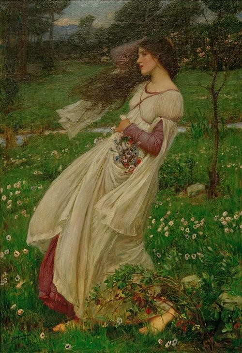 John William Waterhouse, Windflowers (Anemone,Frau,Kunst,Mensch,Wald,Schönheit,Frühling,Portrait,Wiese,Präraffaeliten,Wind,Englische Kunst,Bach,Kleid,Viktorianische Kunst,Barfuss,Langes Haar,Blume,Jahrhundertwende,Schwarze Haare,Junge Frau,Brise,Privatsammlung,Pflücken,Lila,Buschwindröschen,F)