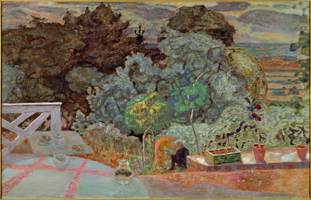 Pierre Bonnard, Die Terrasse (Landschaft,Terrasse,Impressionismus,Bilderrahmen,Tischtuch,Französische Kunst,Harmonie,Runder Tisch (Möbel),Rechteck,Blumentopf)