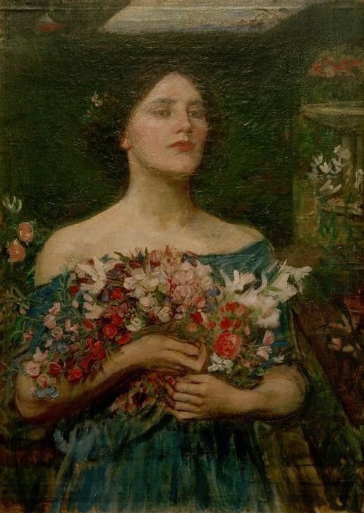 John William Waterhouse, Gather Ye Rosebuds While Ye May (Frau,Garten Und Park,Kunst,Mensch,Rose,Portrait,Präraffaeliten,Blumenstrauss,Englische Kunst,Viktorianische Kunst,Blume,Jahrhundertwende,Privatsammlung,Pflücken,Garten)