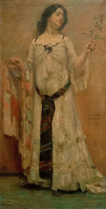 Lovis Corinth, Portrait Charlotte Berend im weißen Kleid (Damenmode,Deutsche Kunst,Frau,Künstlerin,Malerin,Mode,Impressionismus,Portrait,Künstlerfrau,Kleid,Schärpe,Jahrhundertwende,Junge Frau,Grafikerin,Halbprofil,Tuch,Person,Weiss (Farbe))