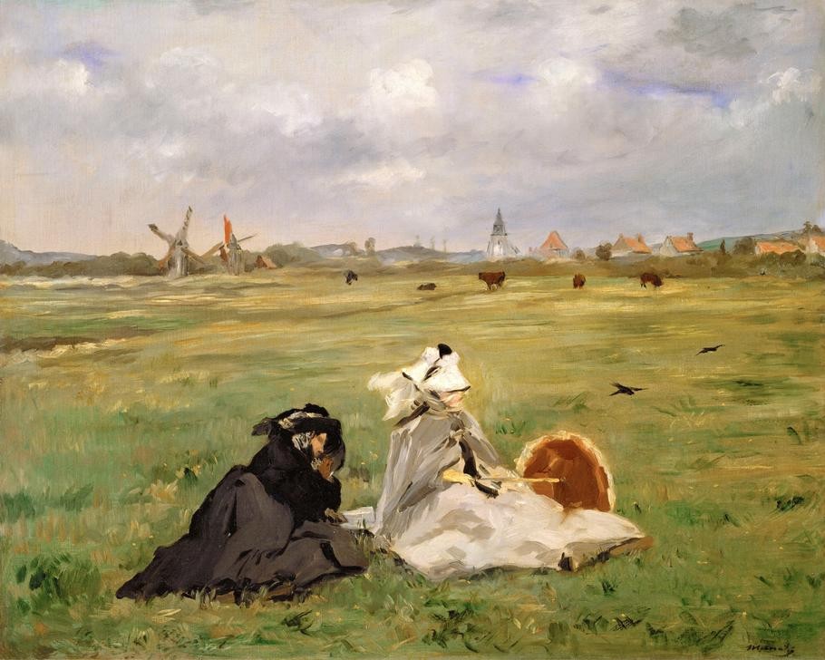 Edouard Manet, Les Hirondelles (Ausflug,Dorf,Familie,Jahreszeiten,Landschaft,Mode,Mühle,Freizeit,Seebad,Sommer,Strand,Urlaub,Vogel,Weide,Windmühle,Meer,Impressionismus,Schwalbe,Ehefrau Von Berühmten,Mutter Von Berühmten,Reise,Künstlerfrau,Ebene,Wind,Französische Kunst,Frauenleben,Stadt)