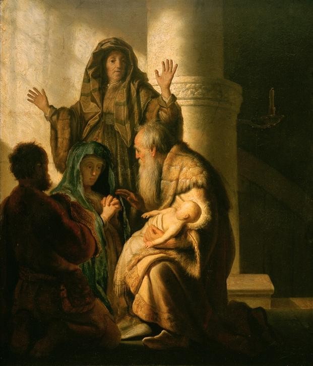 Rembrandt Harmenszoon van Rijn, Hanna und Simeon im Tempel (Christentum,Religion,Barock,Neues Testament,Bibel,Niederländische Kunst,Jesusknabe,Darstellung Im Tempel,Holländische Kunst,Sonnenlicht,Kindheit Jesu,Protestantismus,Folgen Der Reformation)