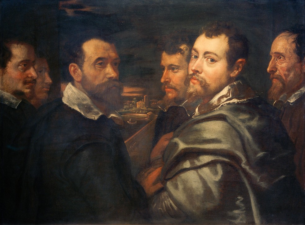 Peter Paul Rubens, Selbstbildnis im Kreise der Mantuaner Freunde (Flämische Kunst,Freundschaft (Allgemein),Gruppenbild,Künstlerleben,Künstler,Kunst,Maler (Künstler),Mann,Mathematiker,Philosoph,Barock,Selbstbildnis,Portrait,Freund,Niederländische Kunst,Männerfreundschaft,Blick Aus Dem Bild,Halbfigur,Stoa,Person)
