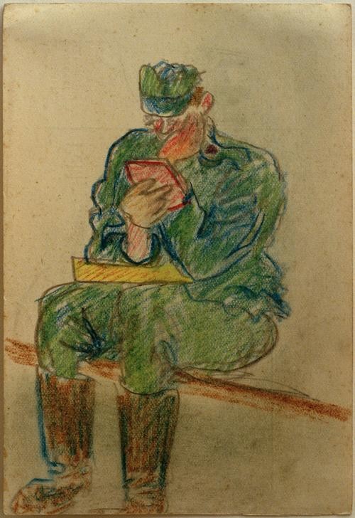 Laszlo Moholy-Nagy, Ohne Titel (Feldpost,Kunst,Mann,Militär,Postkarte,Soldat,Uniform,Portrait,Lesen (Allgemein),Ungarische Kunst,Feldpostkarte)