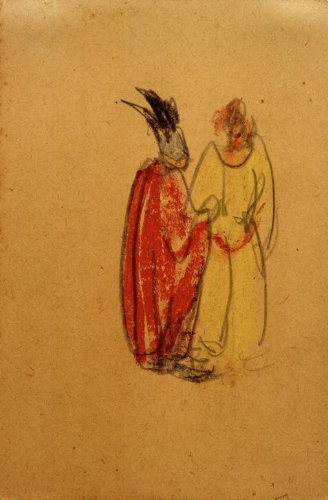Laszlo Moholy-Nagy, Ohne Titel (Ortrúd und Elsa von Brabant im Streitgespräch) (Feldpost,Frau,Kopfbedeckung,Kunst,Musik,Oper,Postkarte,Streit,Ungarische Kunst,Illustration,Rot,Gelb,Feldpostkarte,Person,Unterhaltung (Gespräch))