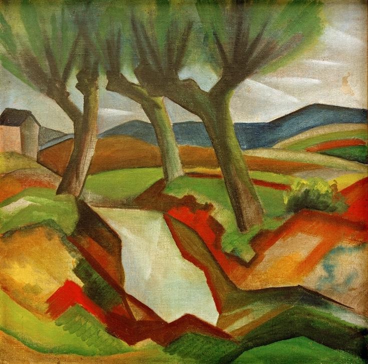 August Macke, Weiden am Bach (Landschaft, Weiden, Bäume, Bach, Hügel,  Wohnzimmer, Treppenhaus, Expressionismus,  Klassische Moderne, Malerei, Wunschgröße, bunt)