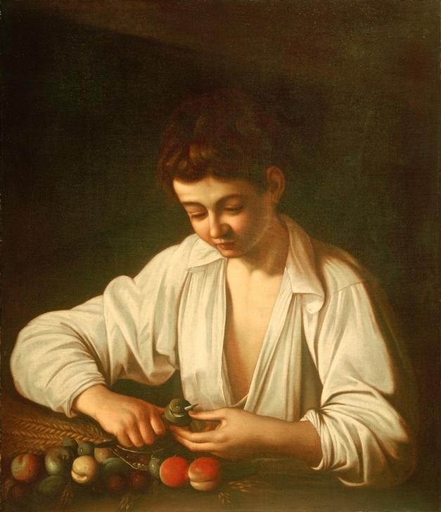 Caravaggio, Knabe, eine Frucht schälend (Kind, Knabe, Obst, schälen,  Messer, Pfirsich, Barock, Klassiker, Malerei, Wunschgröße, Wohnzimmer, Esszimmer)