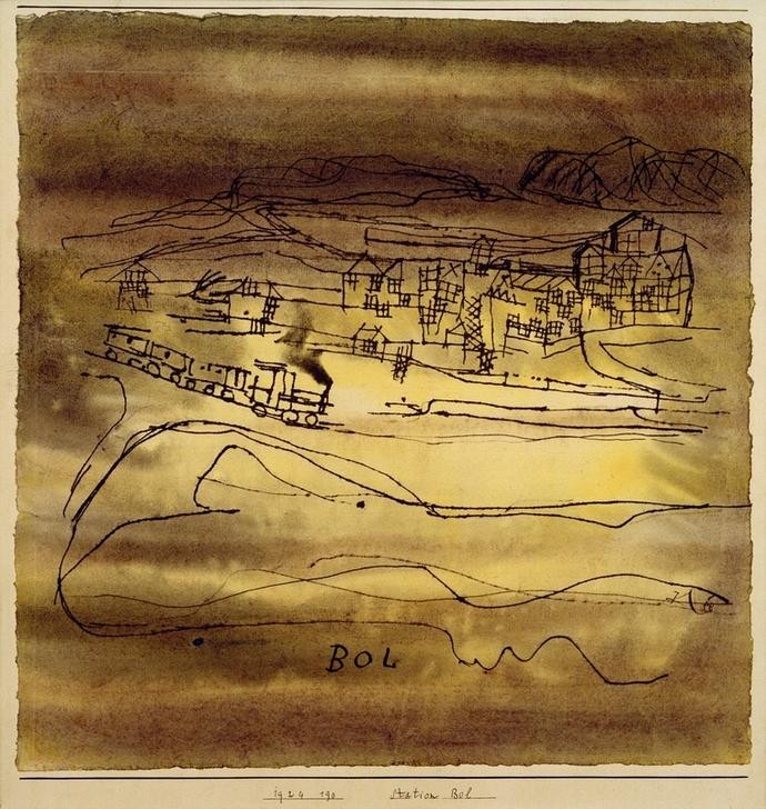 Paul Klee, Station Bol (Bauhaus, Eisenbahn,  Landschaft  Schweizerische Kunst, Dampflokomotive, Abstraktion, Berge, Skizze, Klassische Moderne, Wunschgröße, Wohnzimmer, Treppenhaus, beige/braun)