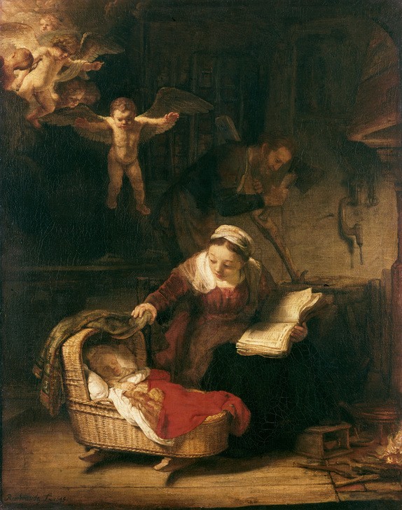 Rembrandt Harmenszoon van Rijn, Die heilige Familie (Baby,Engel,Mutter Und Kind,Religion,Barock,Heilige Familie,Maria Mit Kind,Putto,Wiege,Helldunkel)