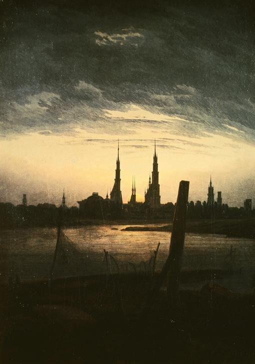 Caspar David Friedrich, Stadt bei Mondaufgang (Hafen,Küste,Landschaft,Licht Und Beleuchtung,Mond,Tageszeiten,Abend,Nacht,Stadtansicht,Romantik,Mondschein,Dunkelheit)